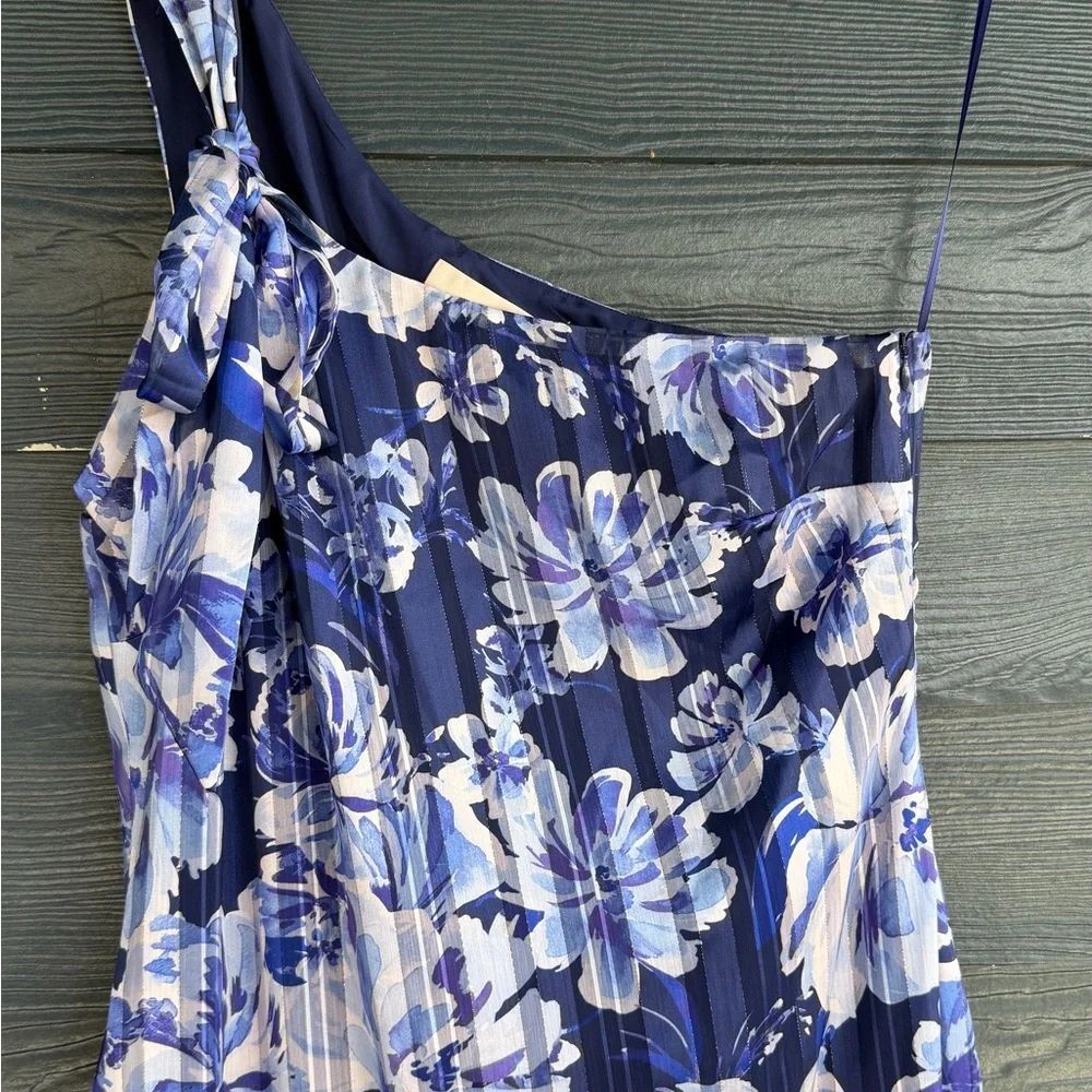 Adelyn Rae Womens L Blue Floral Midi Dress One Shoulder Summer Party - Picture 3 of 10